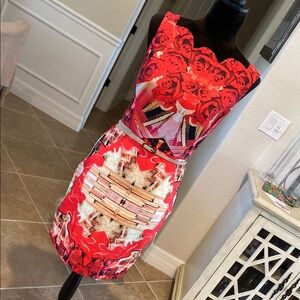 SINGLE Elegant Red Floral Dress, belted waist, back zip, size 4